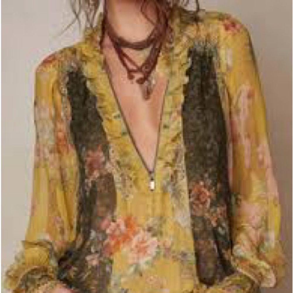 Futario Zip-Front Ruffled Floral Chiffon Blouse Boho chic ruffle cuff Large NWT